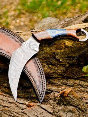 Hand-Forged Damascus Steel Karambit Knife – Custom Handle & Leather Sheath